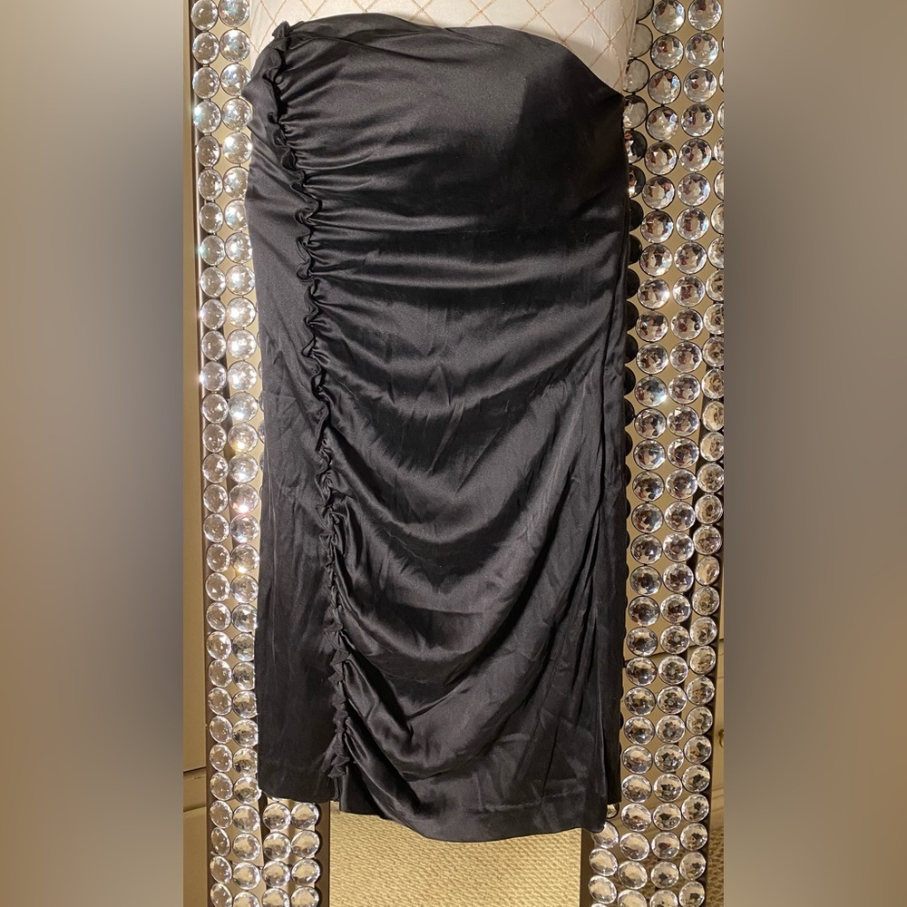 Express Black Satin strapless dress with ruffle detail